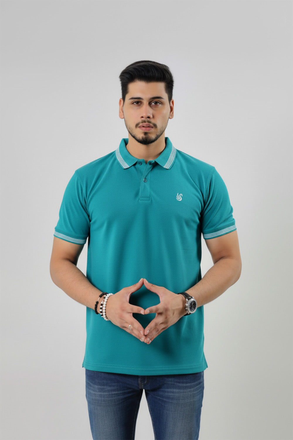 Turquoise Tipped Collar Embroidered Polo