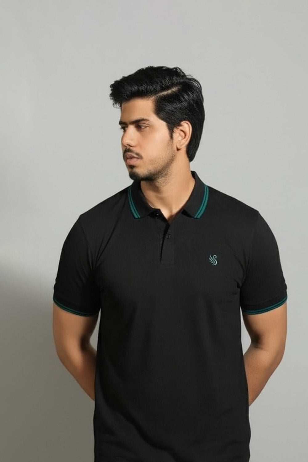 Black Tipped Collar Embroidered Polo