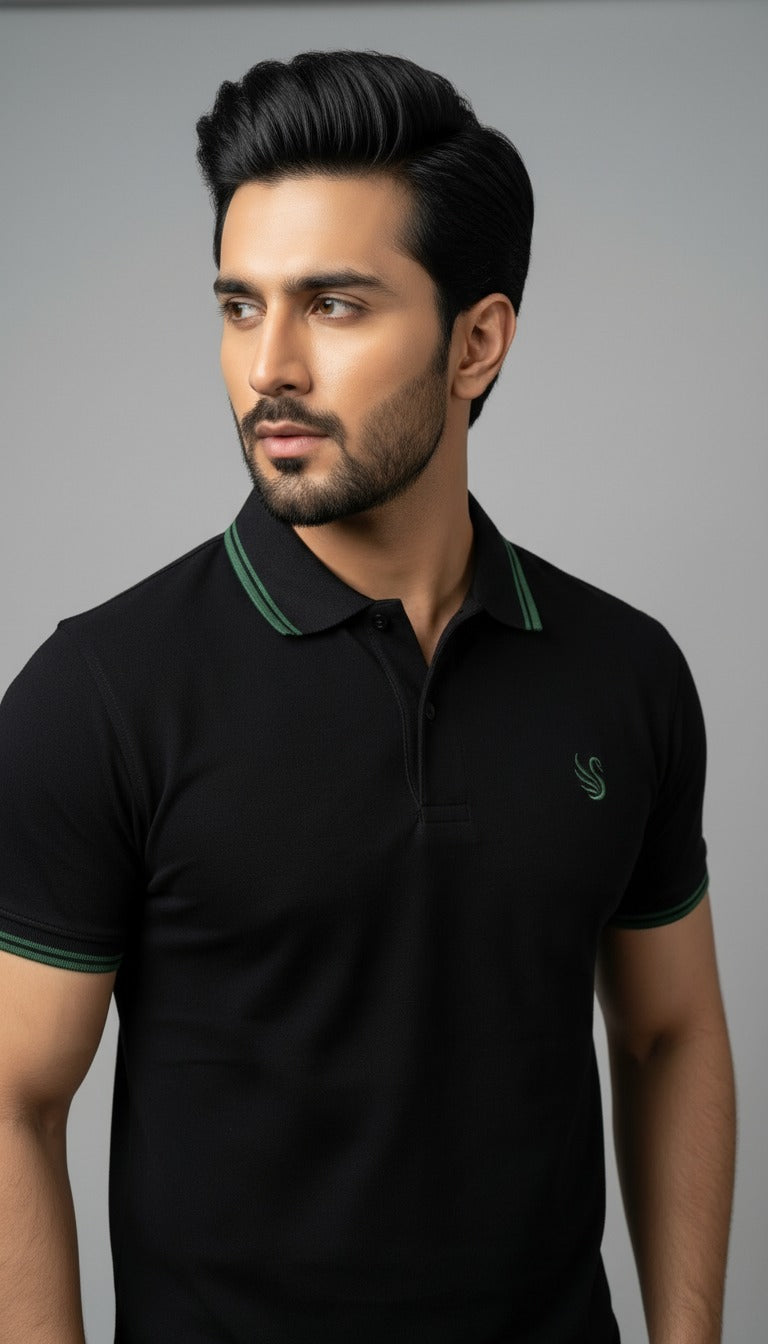 Black Tipped Collar Embroidered Polo
