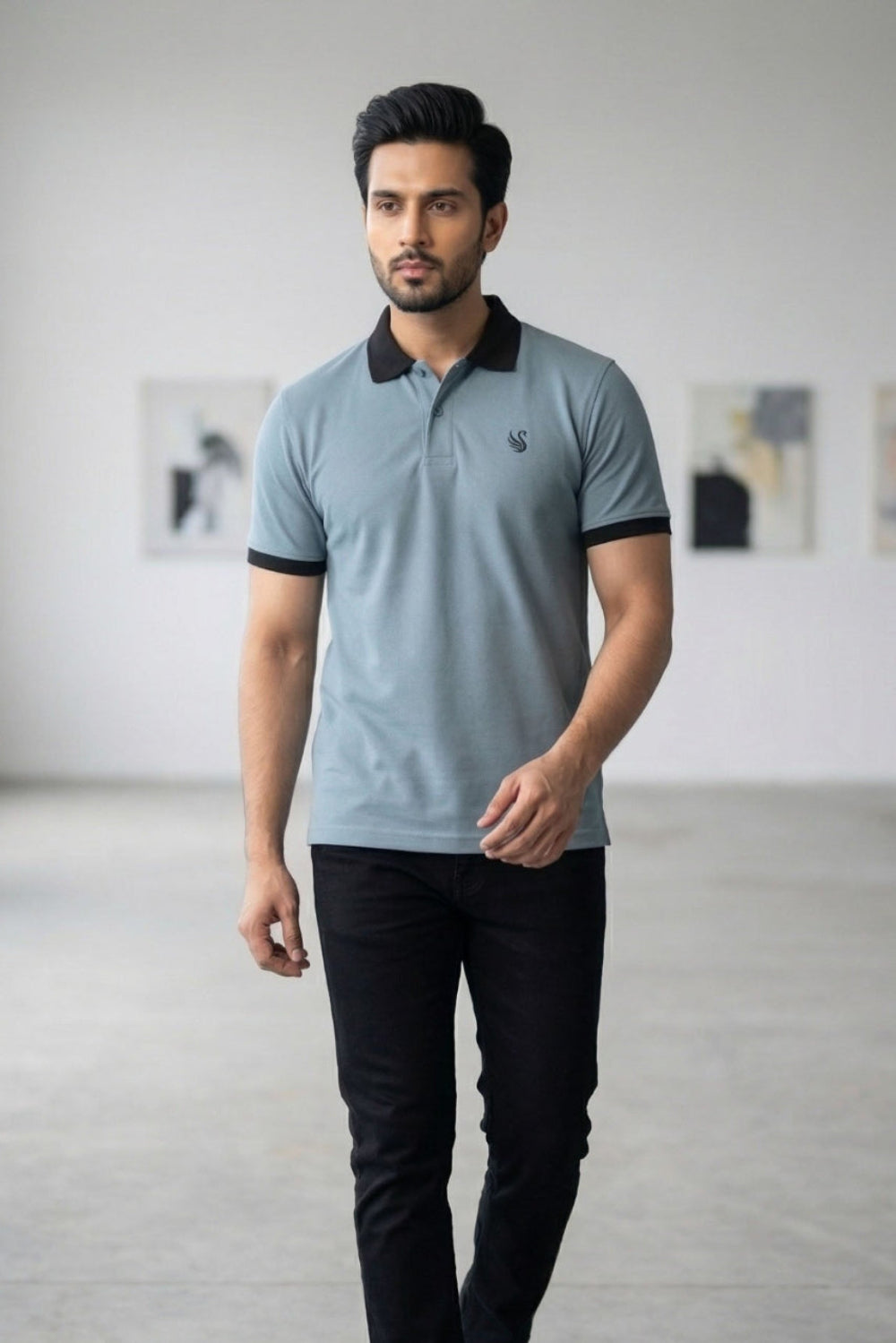 Teal & Black Contrast Collar Polo